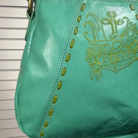 Vintage Consuela Leather Shoulder Tote Bag Teal With Colorful Flower Embroidery - Picture 5 of 16